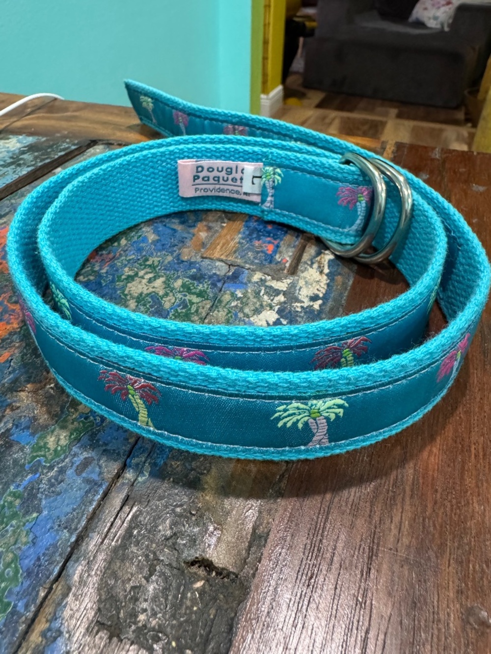 Douglas Paquette Turquoise Embroidered Palm Tree Canvas Belt size Large